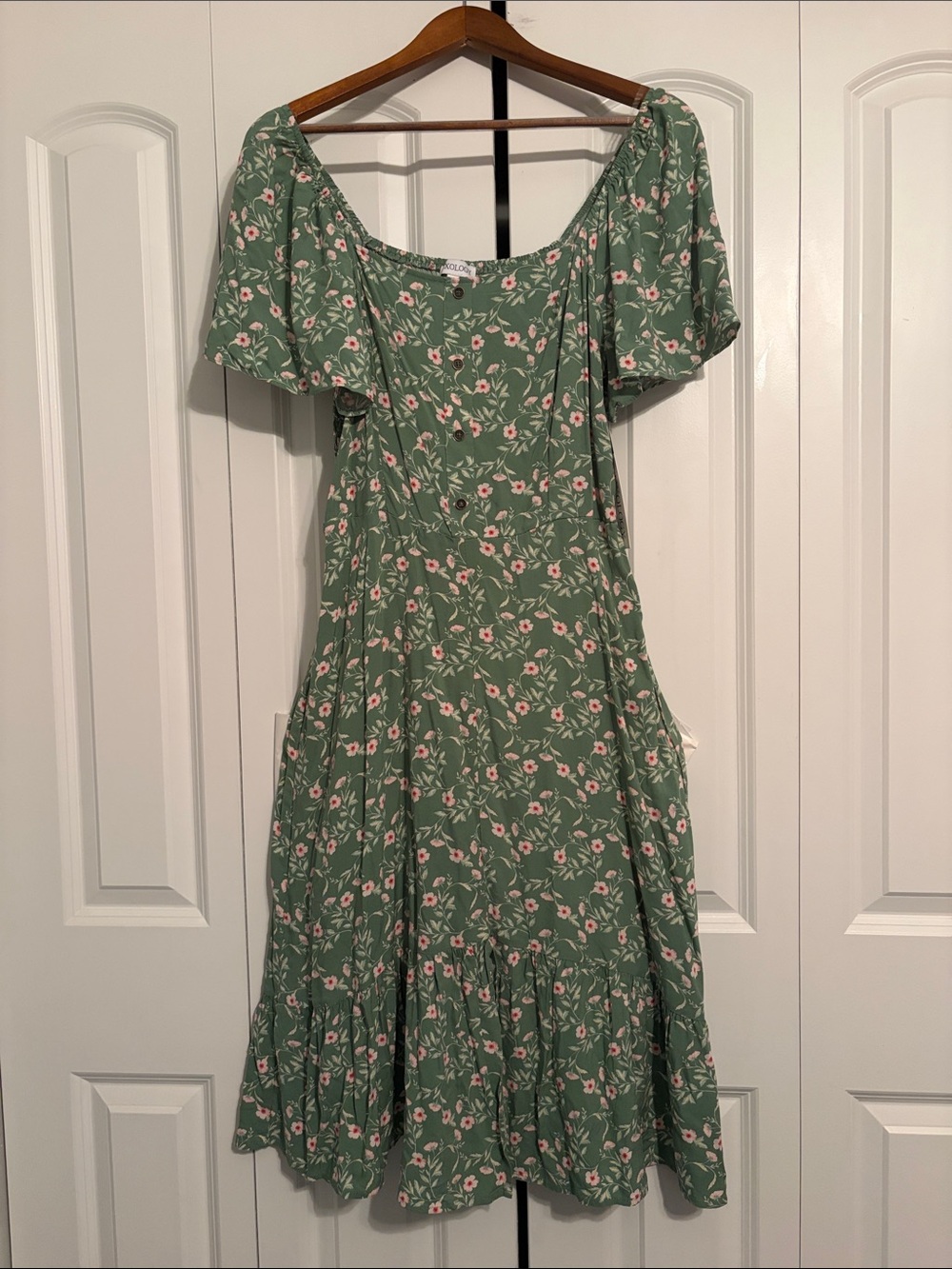 Luxology Sage Green Floral Midi Dress with Pink Blooms